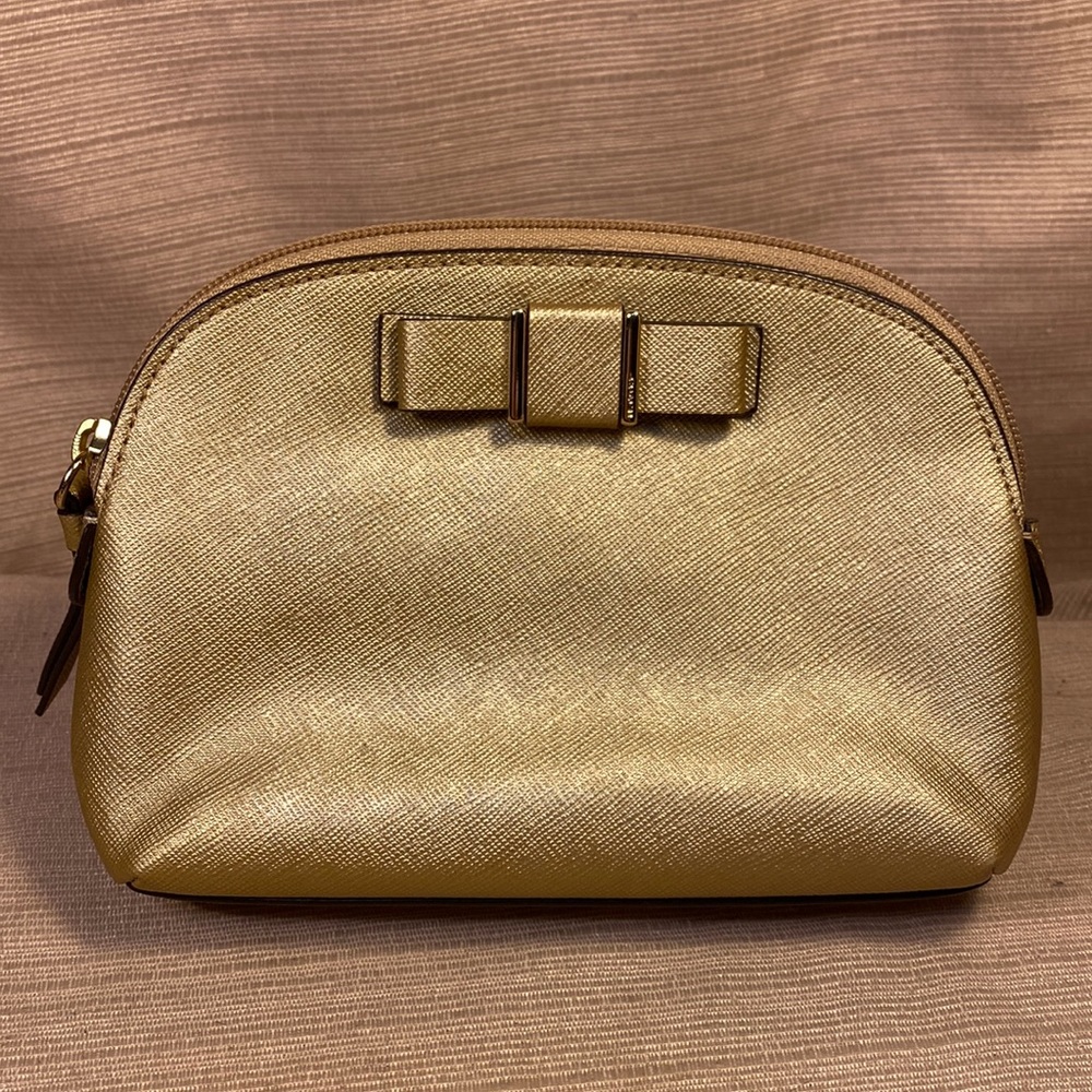 Coach gold metallic color cosmetic pouch w/elegant bow